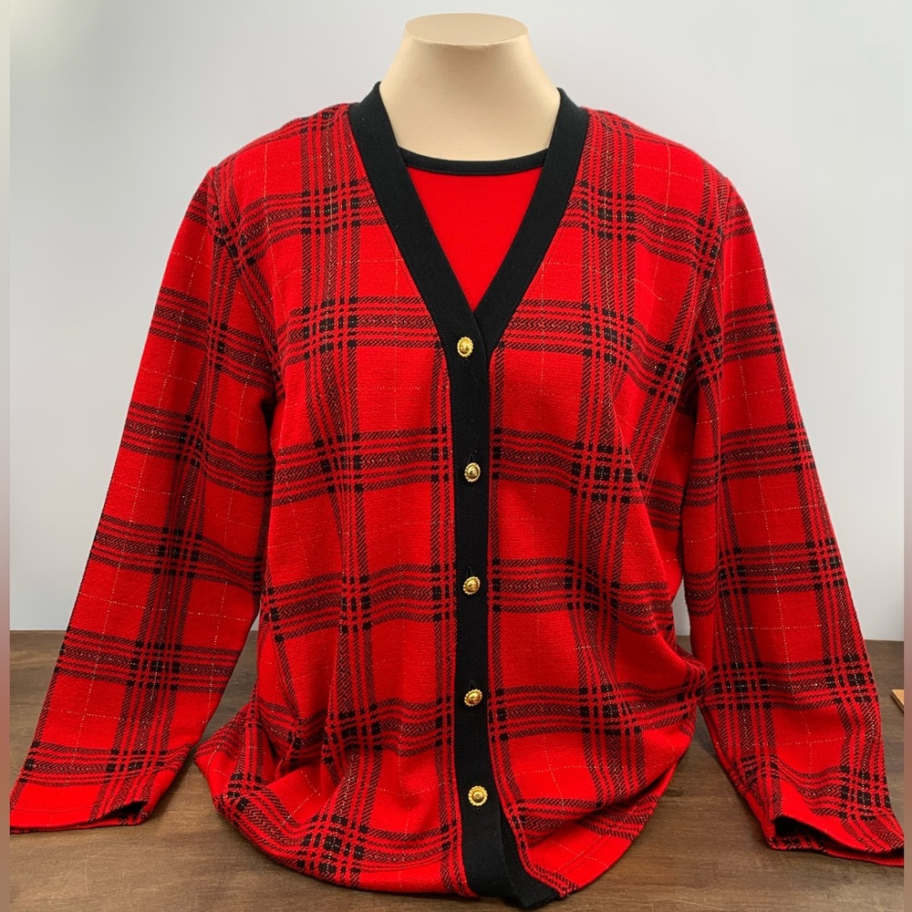 Vintage Preppy 80s/90s Red Black Gold Two in One Sweater Large - Picture 1 of 13